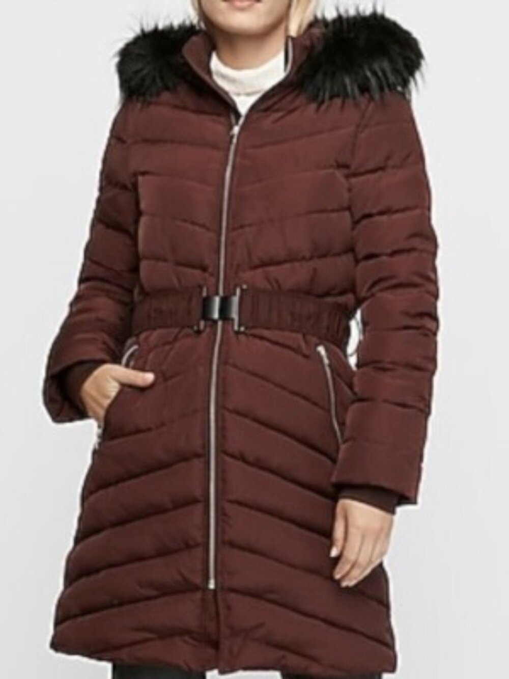 Express Maroon Belted Long Puffer Coat w Detachable Faux Fur Hood sz Small